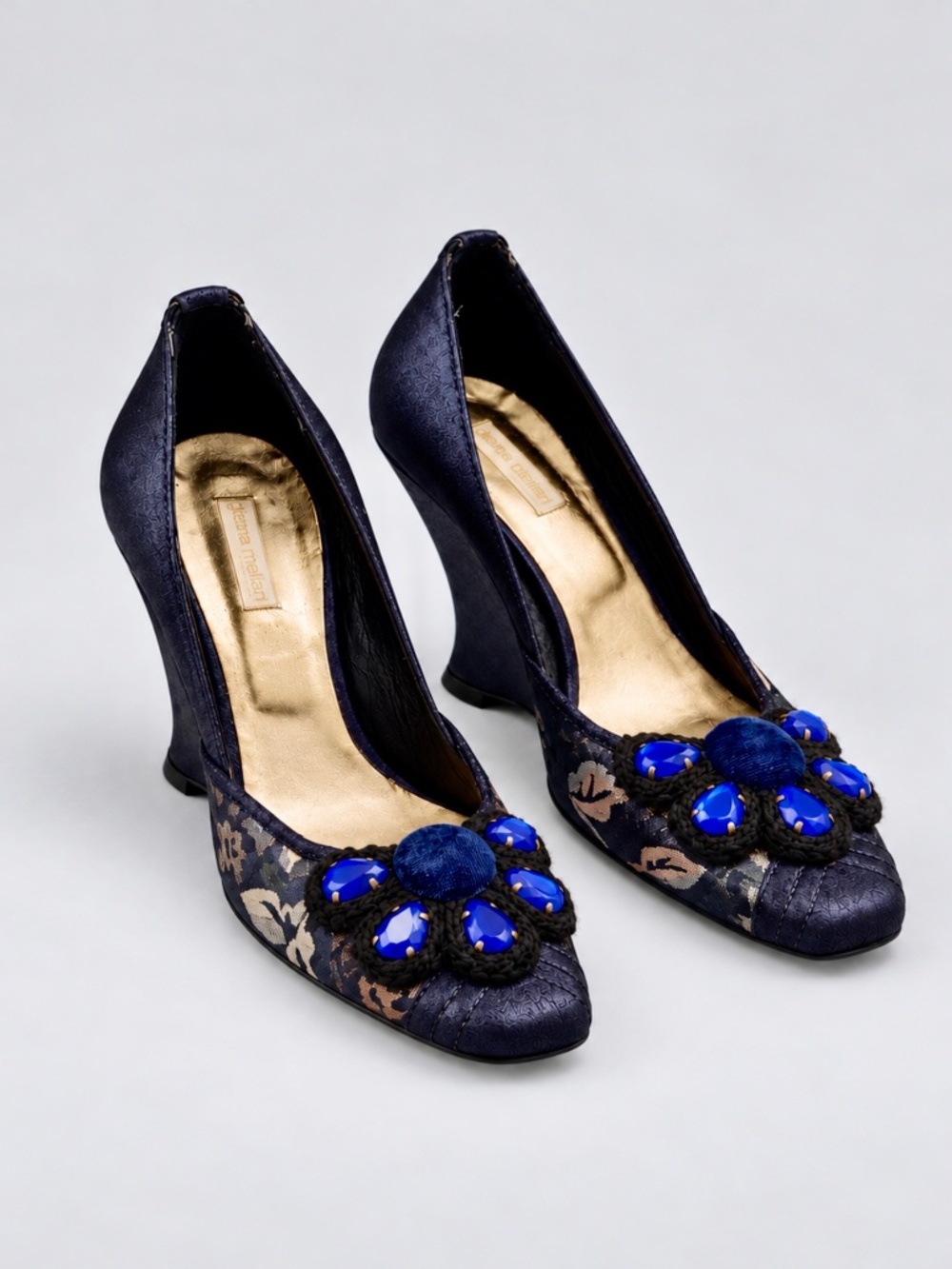 Gianna Meliani Floral Jacquard Wedge Pumps EU 38 Crystal Embellished Italy